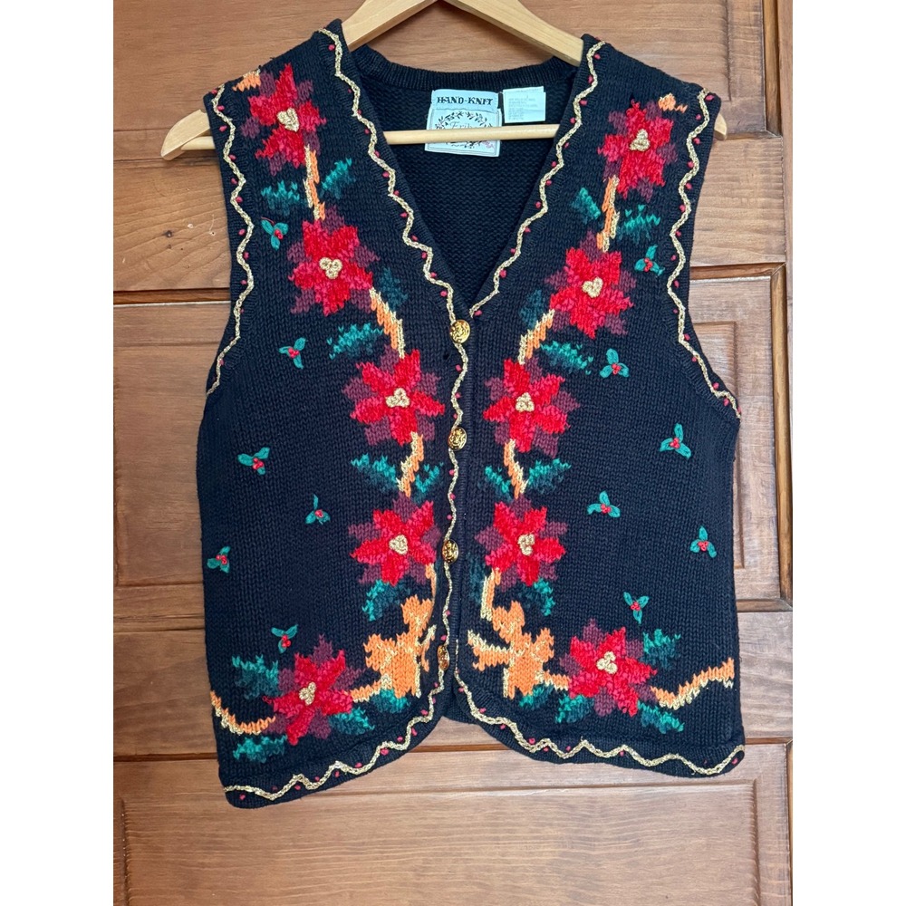 Vintage Erika Hand Knit Christmas Poinsettia Sweater Vest Black Rickrack Medium